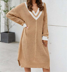 Casual Loose Stripe V neck Long sleeve Knit Maxi Dresses