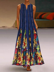 Women's Vintage Print Sleeveless V-neck Maxi Dresses