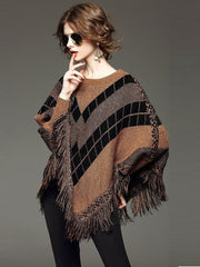 O-Neck Jacquard Tassel Cloak Batwing Pullovers Knitwear