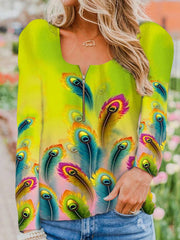 Women zipper neck floral printed long sleeve autumn blouses & tops