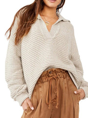 Loose solid color long-sleeve knit sweater women's V-neck sweaters