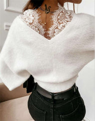 Casual Pure Lace Gored V neck Long sleeve Flannel Sweaters