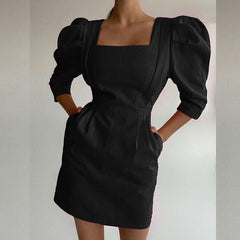 Fashion Pure Square collar Long sleeve Skater Dresses