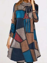 Fashion Casual Gored print High collar Long sleeve Lacing Knit Shift Dresses