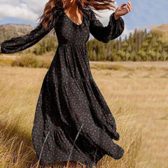 Casual Floral print Gored V neck Long sleeve Big hem Maxi Dresses
