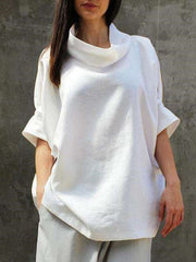 Casual Loose Pure Retro High collar Half sleeve Blouses