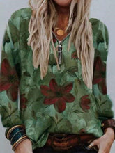 Casual Retro print Zipper V neck Long sleeve T-Shirts