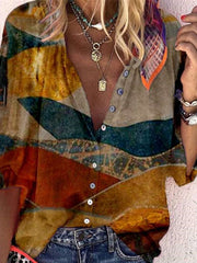 Casual Loose Retro print V neck Long sleeve Blouses