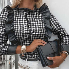 Fashion Round neck Falbala Long sleeve PU Blouses