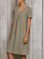 Vintage casual plain women v neck shift dresses