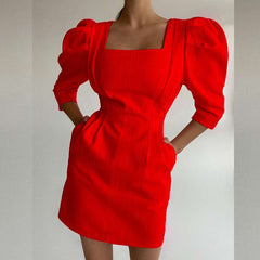 Fashion Pure Square collar Long sleeve Skater Dresses