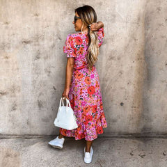 Fashion Floral print V neck Fastener Short sleeve Vent Skater Dresses