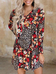 Fashion Leopard Floral Print V neck Long sleeve Shift Dresses