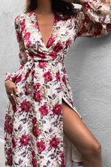 Fashion Floral print V neck Long sleeve Skater Dresses