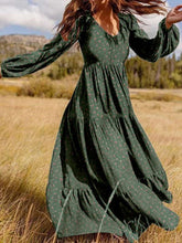 Casual Floral print Gored V neck Long sleeve Big hem Maxi Dresses