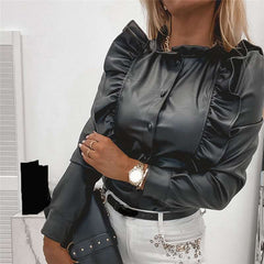 Fashion Round neck Falbala Long sleeve PU Blouses