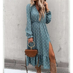 Fashion Point print V neck Fastener Long sleeve Gored Vent Skater Maxi Dresses