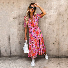 Fashion Floral print V neck Fastener Short sleeve Vent Skater Dresses