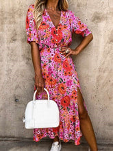 Fashion Floral print V neck Fastener Short sleeve Vent Skater Dresses