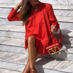 Pure Loose Stand collar Long sleeve Gored Falbala Shift Dresses