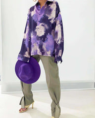Casual Plangi print Lapel Long sleeve Blouses