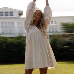 Casual Loose Pure V neck Long sleeve Shift Dresses