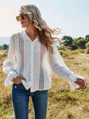 Pure Hollow out Lapel Long sleeve Blouses