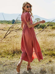 Casual Loose Pure Round neck Short sleeve Falbala Lacing Maxi Dresses
