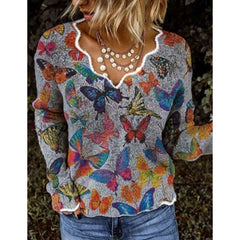 Women Simple Basic Floral-Print Shift Long Sleeve Sweaters