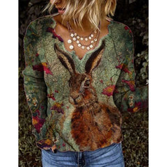 Women Simple Basic Floral-Print Shift Long Sleeve Sweaters