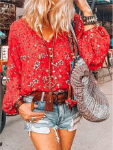 Casual Floral print V neck Puff sleeve Blouses