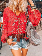 Casual Floral print V neck Puff sleeve Blouses