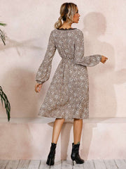 Fashion Leopard print Lace V neck Long sleeve Skater Dresses