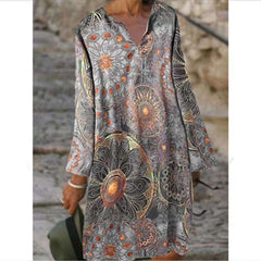 Casual Loose Floral print V neck Long sleeve Shift Dresses