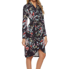 Fashion Floral print V neck Long sleeve Lacing Skater Dresses