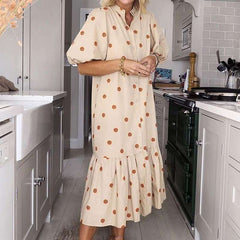 Casual Loose Point print Stand collar Half sleeve Gored Maxi Dresses