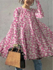 Casual Loose Daisy print Round neck Long sleeve Shift Dresses