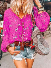 Casual Floral print V neck Puff sleeve Blouses