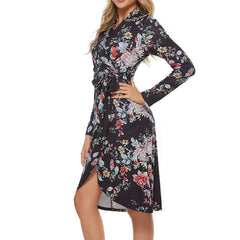 Fashion Floral print V neck Long sleeve Lacing Skater Dresses