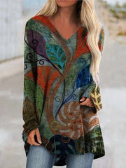Fashion Retro print V neck Long sleeve Plus T-Shirts