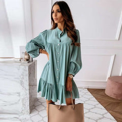 Casual Loose Gored Falbala Round neck Long sleeve Shift Dresses
