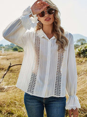 Pure Hollow out Lapel Long sleeve Blouses
