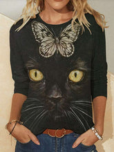 Casual Cat& Butterfly print Rpund neck Long sleeve T-Shirts