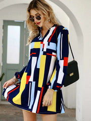 Casual Loose Print V neck Long sleeve Shift Dresses