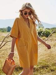 Casual Loose Pure V neck Short sleeve Pocket Shift Dresses