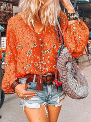 Casual Floral print V neck Puff sleeve Blouses