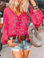 Casual Floral print V neck Puff sleeve Blouses