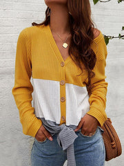 Women v neck splice chic button knit sweaters