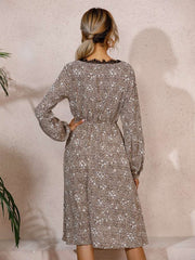 Fashion Leopard print Lace V neck Long sleeve Skater Dresses