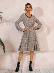 Fashion Leopard print Lace V neck Long sleeve Skater Dresses